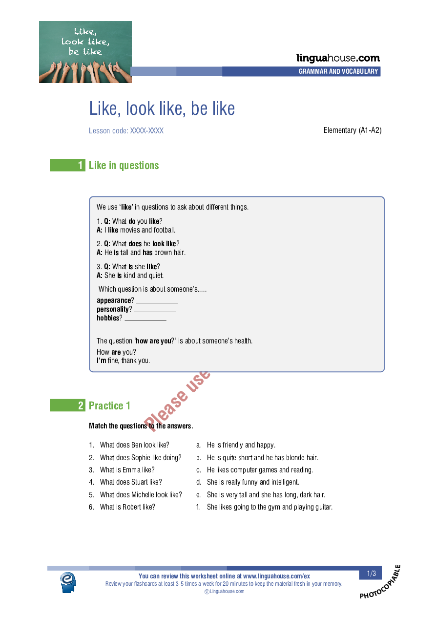 Like, look like, be like: Worksheet Preview - Linguahouse.com