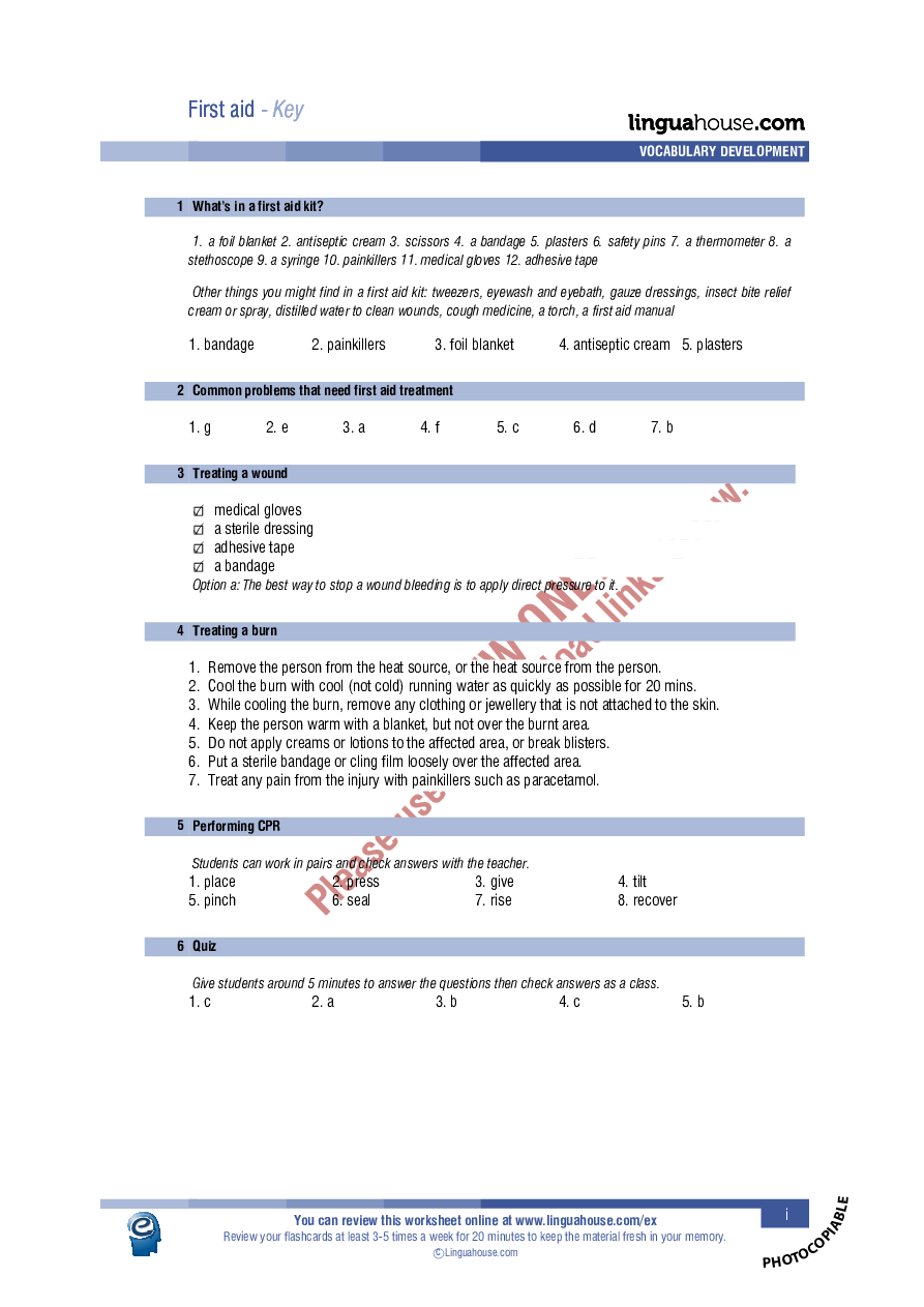 First aid: Worksheet Preview - Linguahouse.com