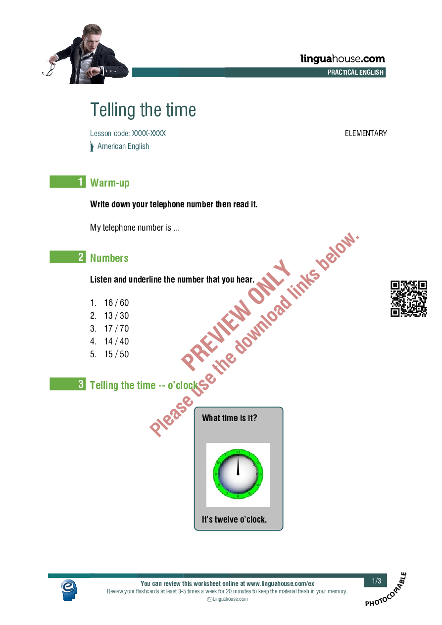 Telling the time American English Elementary (A1A2) group