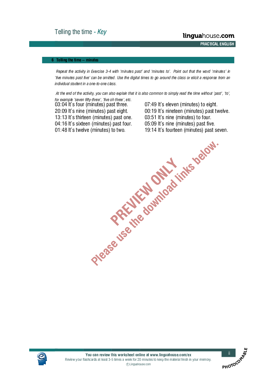 Telling the time: Worksheet Preview - Linguahouse.com