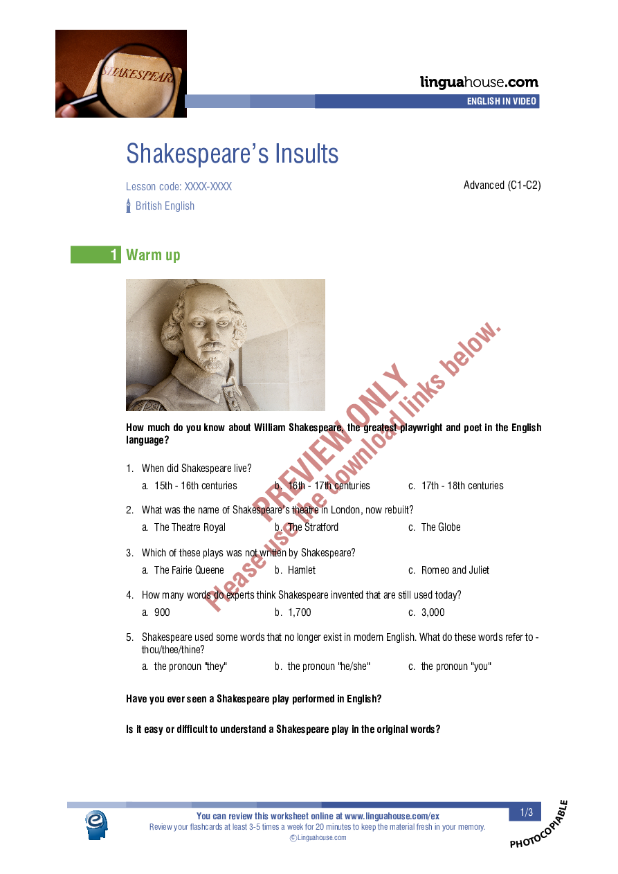 Shakespeare s Insults Worksheet Preview Linguahouse