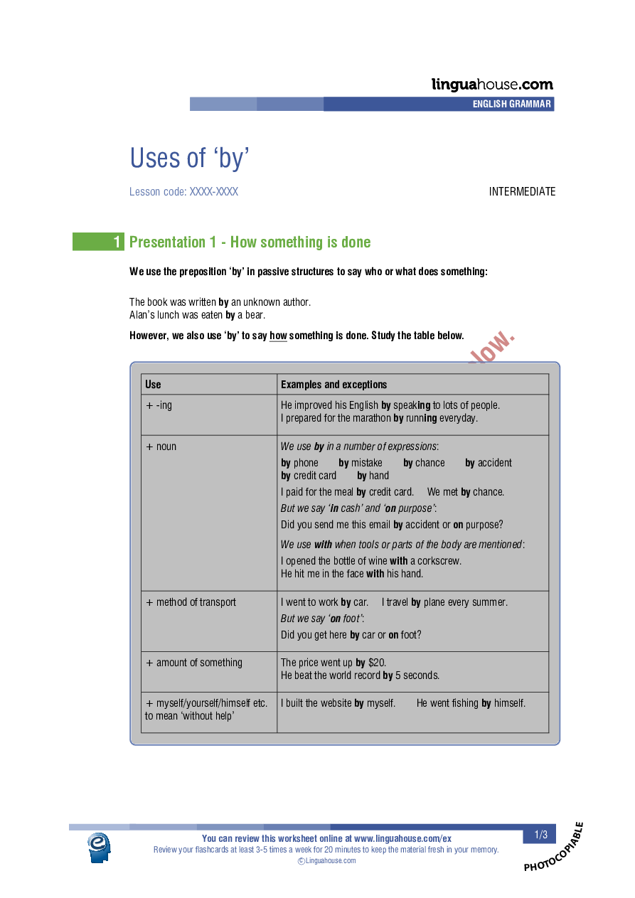 Prepositions - uses of by: Worksheet Preview - Linguahouse.com