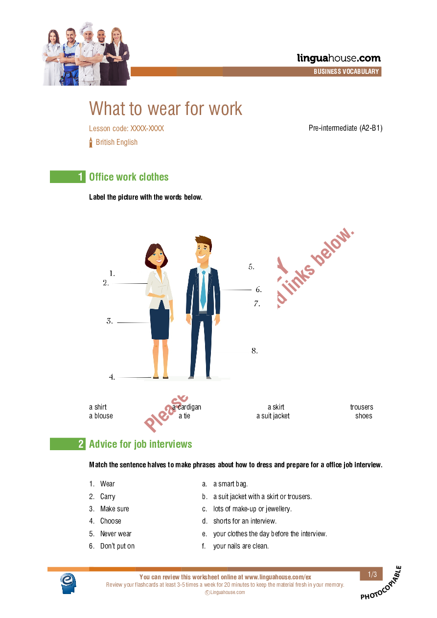 What to wear for work Worksheet Preview