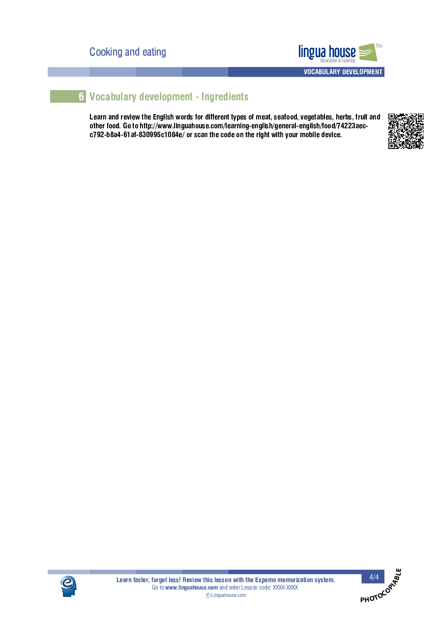 Cooking and eating: Worksheet Preview - Linguahouse.com